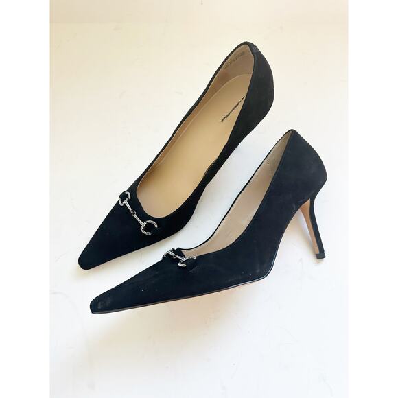 NWOB Ann Taylor Crystal Chainbit Nip Toe  Black Suede Pump 9 Heel - Picture 1 of 6